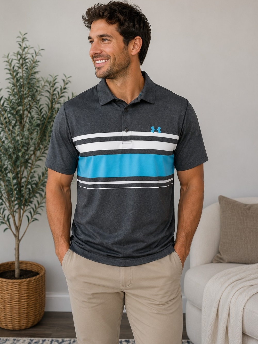 Under Armour Men’s Charcoal & Blue Striped Polo Shirt